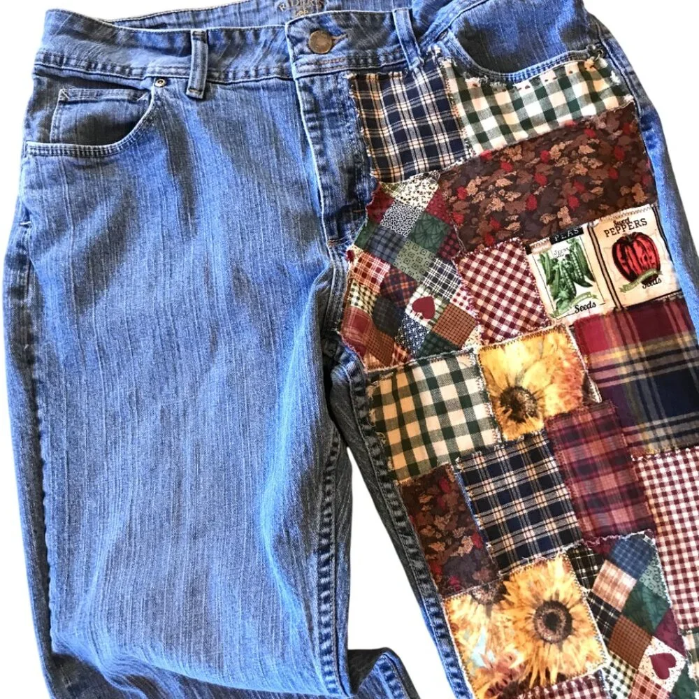 Upcycled Patchwork Jeans, Spring Garden Sunflower Plaid Patches Reworked Sz 16P
